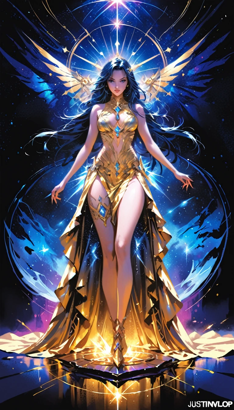 (The Goddess of Sand, beautifully decorated like in the movie, Golden Dress, Shiny gold tattoo), (Galactic Shaman with Quantum Energy Fantasy), Fantasy magic, Long Hair, Dark light night, Complex, Ethereal, Sharp focus, figure, Very detailed, Digital Painting, Concept art, mat, (art:wlop), (Justin Gerard and Jason Edmiston: 1.5), (By Greg Rutkowski: 0.4), (By Alfonse Mucci: 0.4), masterpiece