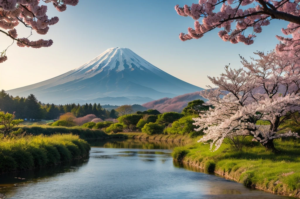 mountのRAW写真。Fuji Mountain、mount。Fuji Mountain1、we>>;t needs another pile、繊細で美しくReal、detailed、Real、超Realな写真、8K Ultra HD、Digital SLR、Sunny spring mountain、high quality、Film Grain、Fujifilm XT3、(masterpiece)、雄大なmount。Mountain、mount。湖面に映るFuji Mountain、 The cherry blossoms are beautiful、 The morning sun overlaps、