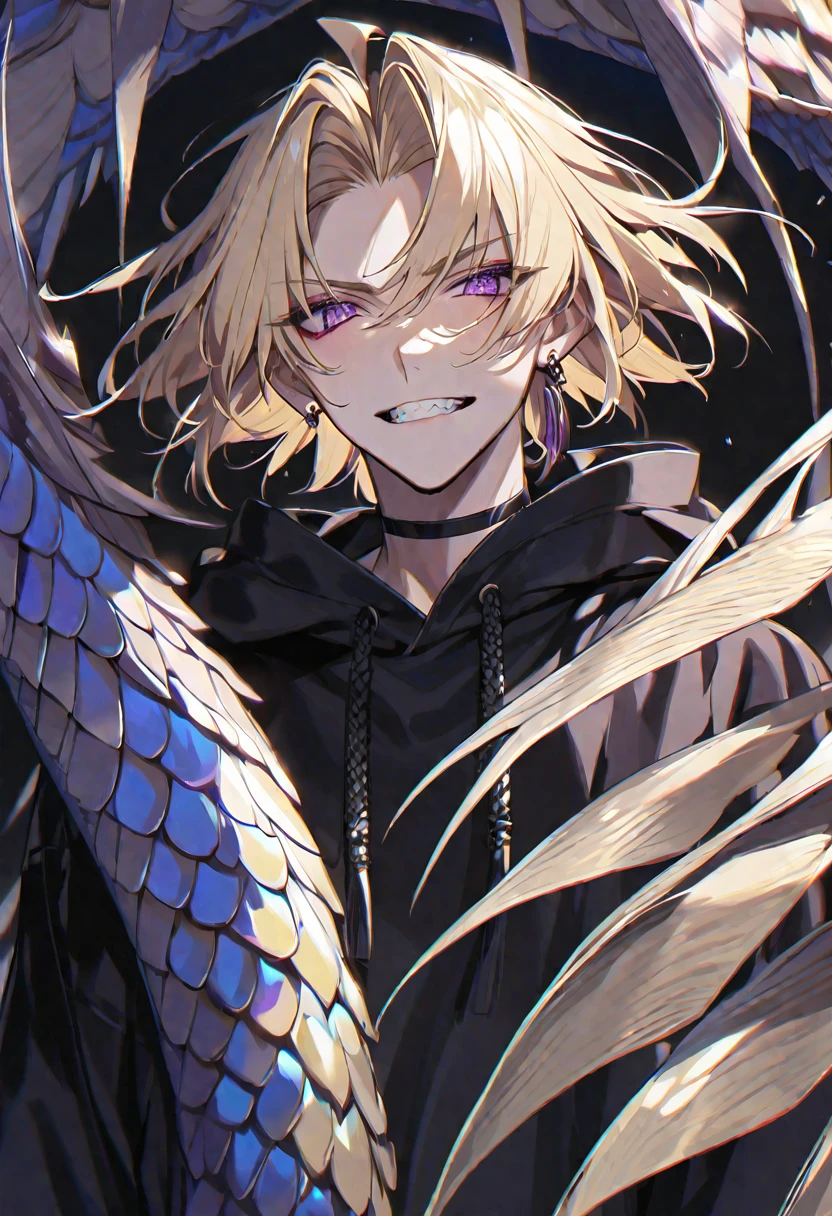 solo, handsome,
1. male,
Hime cut,Straight Hair,short Hair,
blonde hair,
Gojo Satoru,
purple Eyes,Soft look,beautiful,Sexy,Darkness,Lots of silver earrings,choker,skin,
Dragon Scale,Black hoodie,Jagged teeth,
black background,