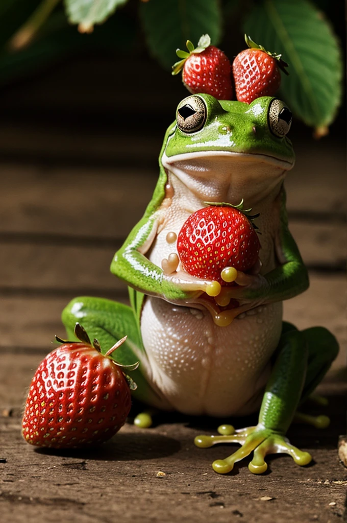 Frog with strawberry on its head