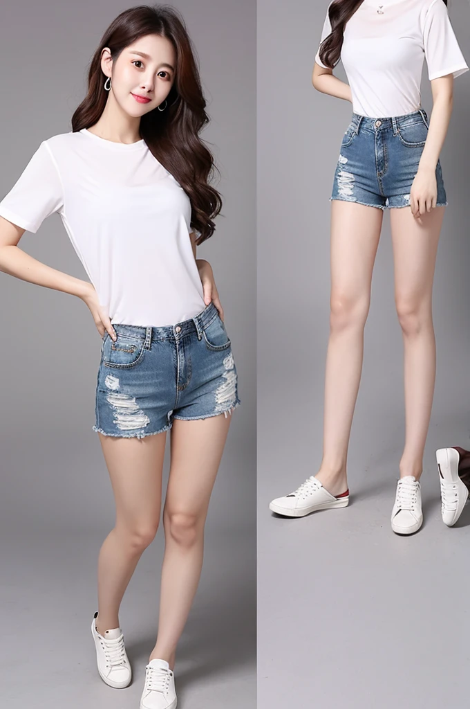 white　shirt　denim　short pants　back