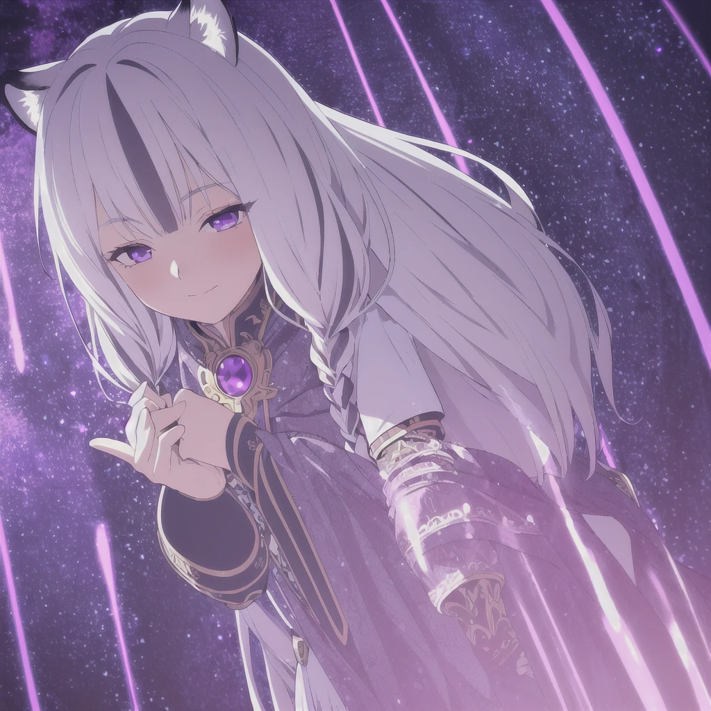 ((masterpiece)), (best quality), (ultra-detailed), photorealistic, (best illustration), ((an extremely delicate and beautiful)), 1girl, solo, long hair, tiger ears, [:tiger tail under:0.2], white hair, two-tone hair, full body, knight armor, crimson glowing details on armor, amulet on neck, Bracelets, crimson crystals in Bracelets, long lilac cape, open eyes, evil purple eyes, looking at viewer, malicious smile, blush, in space, goddess, low twin braids, loosen hair, quiet gesture, white armor, cybernetic armor, hyper detailed space,best illumination, low mask, mouth covered with mask. 