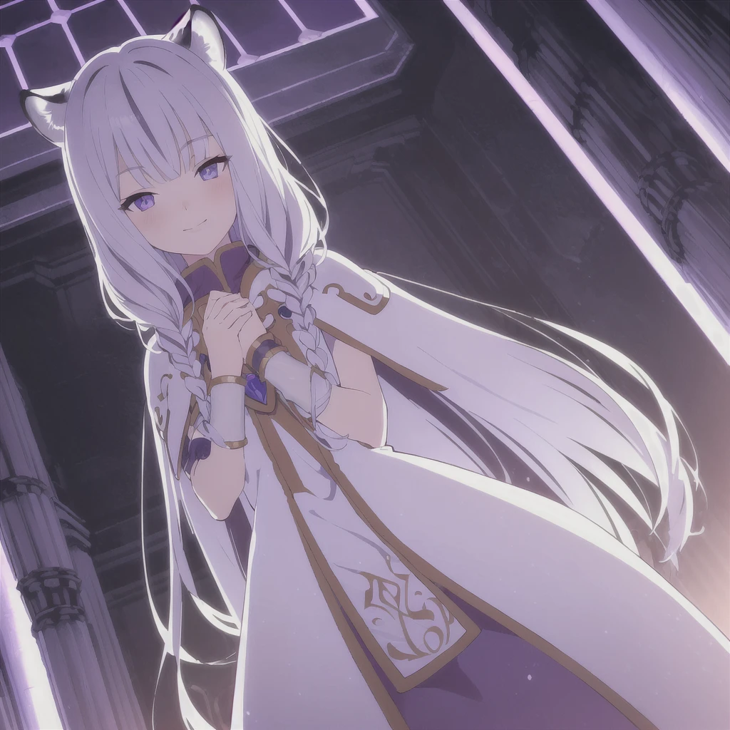 ((masterpiece)), (best quality), (ultra-detailed), photorealistic, (best illustration), ((an extremely delicate and beautiful)), 1girl, solo, long hair, tiger ears, [:tiger tail under:0.2], white hair, two-tone hair, full body, knight armor, crimson glowing details on armor, amulet on neck, Bracelets, crimson crystals in Bracelets, long lilac cape, open eyes, evil purple eyes, looking at viewer, malicious smile, blush, in space, goddess, low twin braids, loosen hair, quiet gesture, white armor, cybernetic armor, hyper detailed space,best illumination, low mask, mouth covered with mask. 