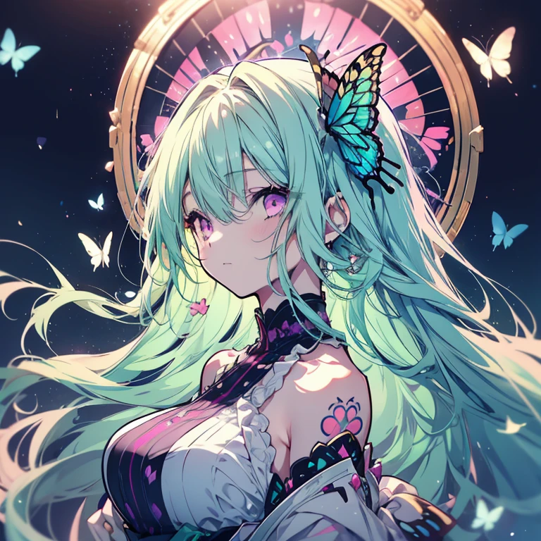 1 girl、Mature、Ample breasts、Mint green hair、Long Hair、Curly Hair、Pink Eyes、Sad face、cute、No sleeve、Purple butterfly tattoo on right shoulder、Idol Costumes、Diva、Night view、Butterflies fluttering、Look to the side、profile、High resolution、Highest quality
