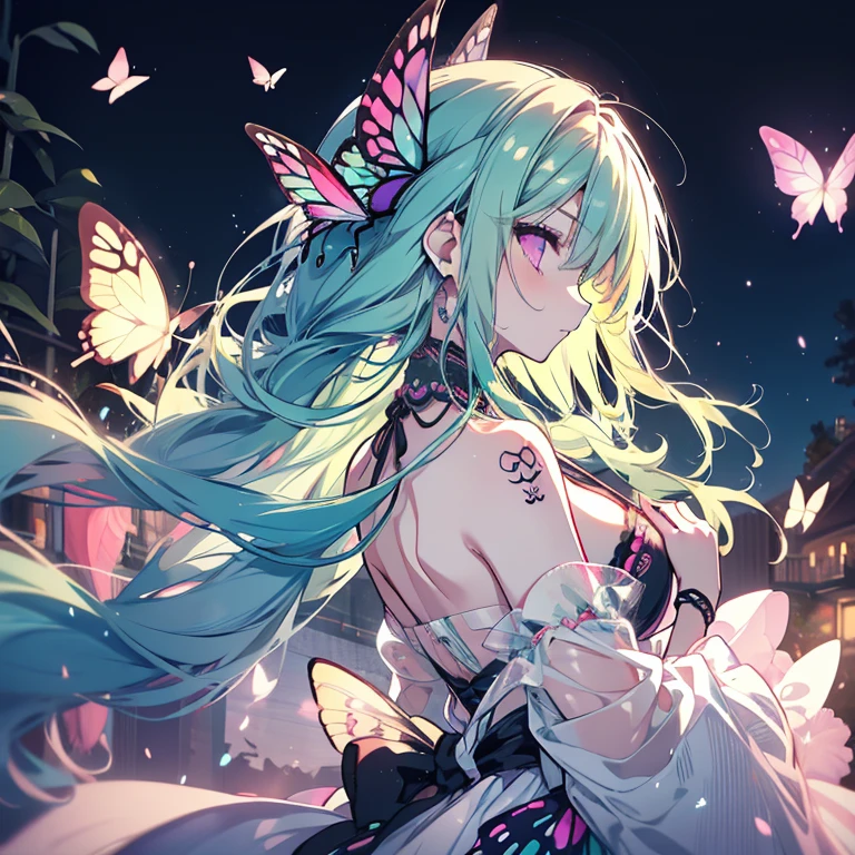 1 girl、Mature、Ample breasts、Mint green hair、Long Hair、Curly Hair、Pink Eyes、Sad face、cute、No sleeve、Purple butterfly tattoo on right shoulder、Idol Costumes、Diva、Night view、Butterflies fluttering、Look to the side、profile、High resolution、Highest quality