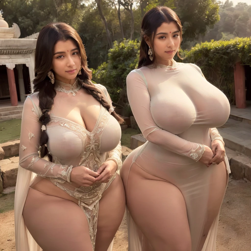 (((Ultra High quality))), (((masterpiece))), (((front lighting:1.2))), potrait of Indian goddess, ((((group of many woman:1.5)))), ((a group of woman:1.5)), ((hugging each other:1.2)), beautiful asian face, detailed face features, attractive eyes, seductive smile, long braided hair, (((tanned color skin tone;1.5))), big necklace jewelry, big diamond earring, diamond bracelet, Tighten the body, clothes details, ((wear one long piece sutra gown:1.5)), ((long sleeve gown:1.2)), ((transparent clothes:1.2)), looking at viewer,curvy body, big breast, huge booty, thin waist, ((natural abs)), ((wide hips)), (thick thigh), (thick legs), morning atmosphere, ((india building tample landscape)), standing pose, waterfall landscape