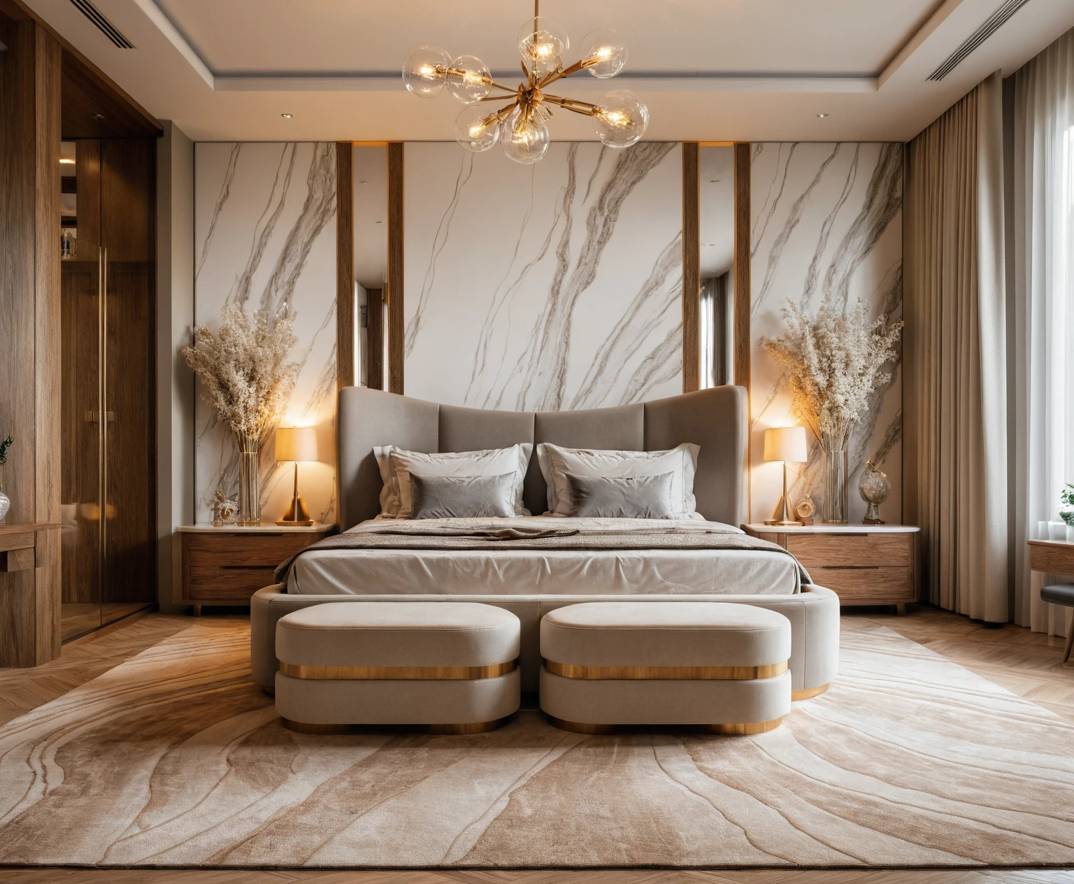 Raw photo,Masterpiece, high quality, best quality, authentic, super detail, interior, indoors, bedroom style modern luxury , sunset, day light, bed, lamp, carpet, bedside cabinets, flower vase, wooden floor, armchair, curtain,