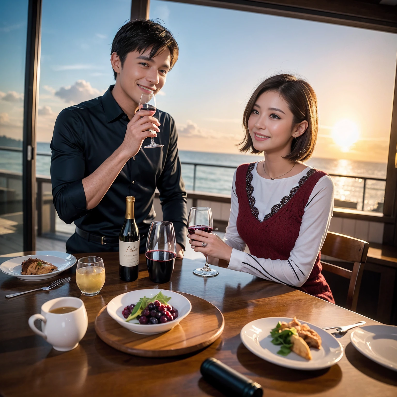 ((Highest quality、8k、masterpiece:1.3))、 (Genuineistic, Genuine、Bright image、Intricate details:1.2), 最高のsmile、1 male 1 female、Beautiful couple、Lovers、fiancee、Good friends、actress couple、smile、A full-course dinner with a full table、 (Slim face), (the body is slim), (Brown Hair), (short hair), テーブルのwine glass、Please shine a light on my face、 Amazing view of the sunset sky and clouds、 (42 years old)38 years old, red wine 、Wine bottle、sparkling wine、Long sleeve shirt、Blue Dress、White wine, red wine, wine glass,