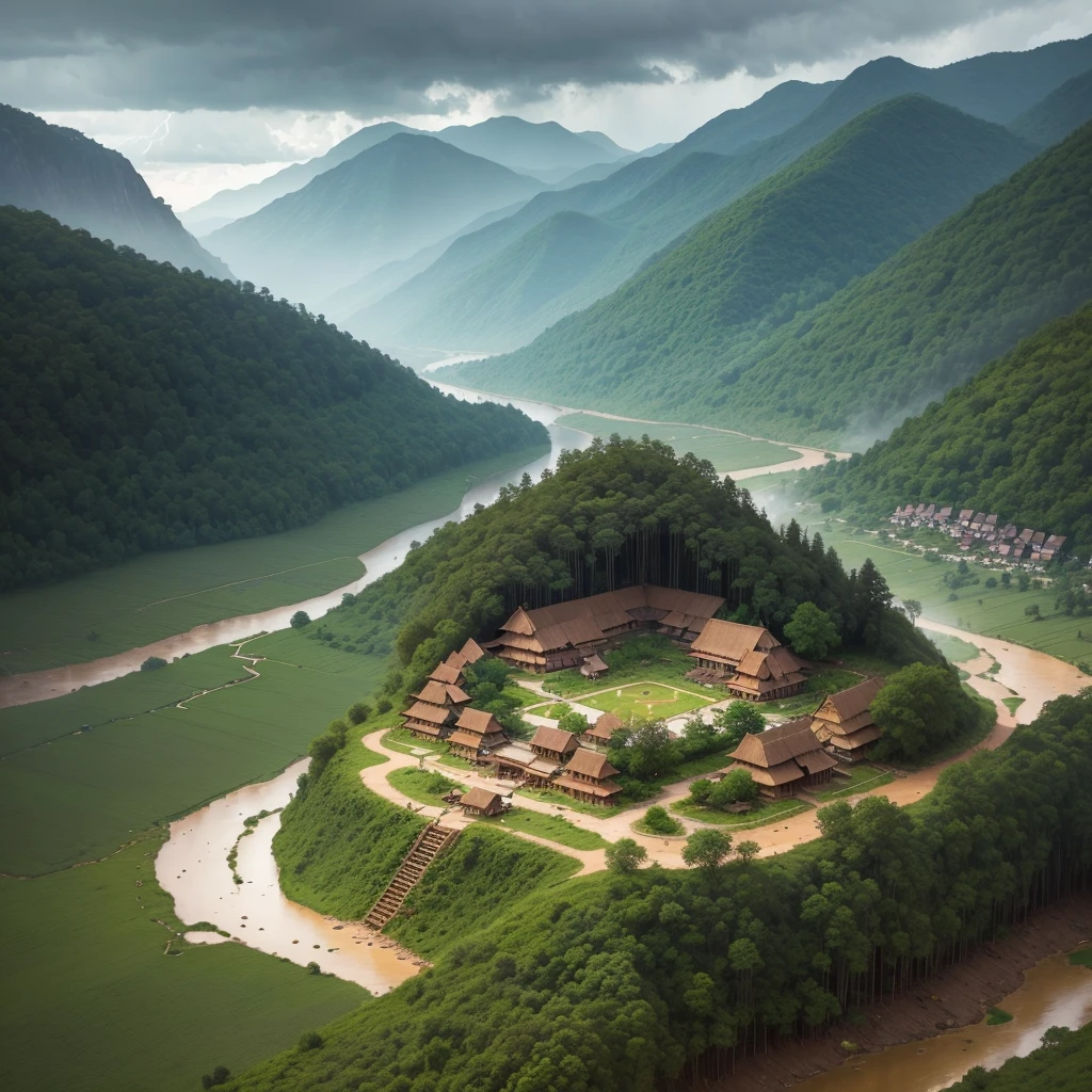 Tribal village of India, it is raining, lightning is thundering, the village is in the forest and the photo should come from above, it should be realistic.