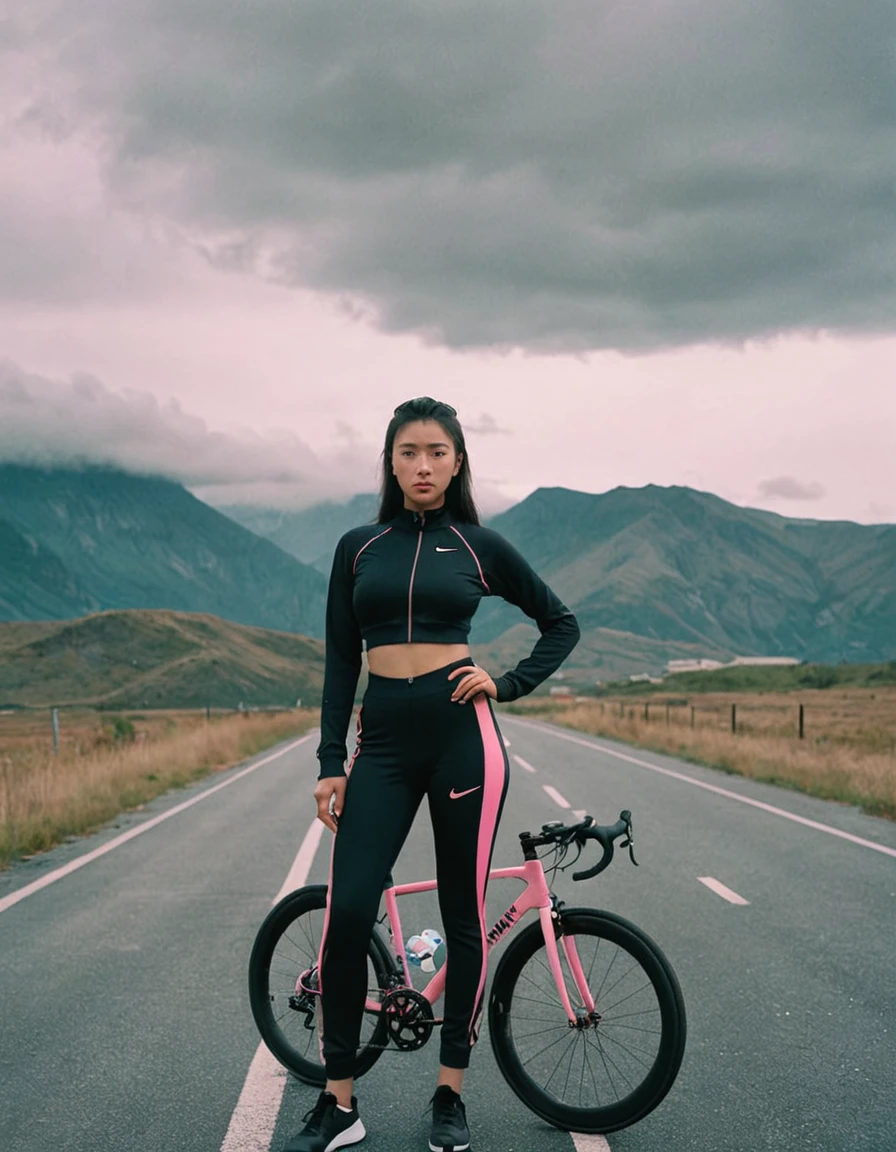 girl MagMix, big breasts, Analog film photography, codachrome, wearing a black tracksuit from Nike, standing on an empty road, Cloudy sky, a black and pink road bike stands next to it, mountains are visible in the background
