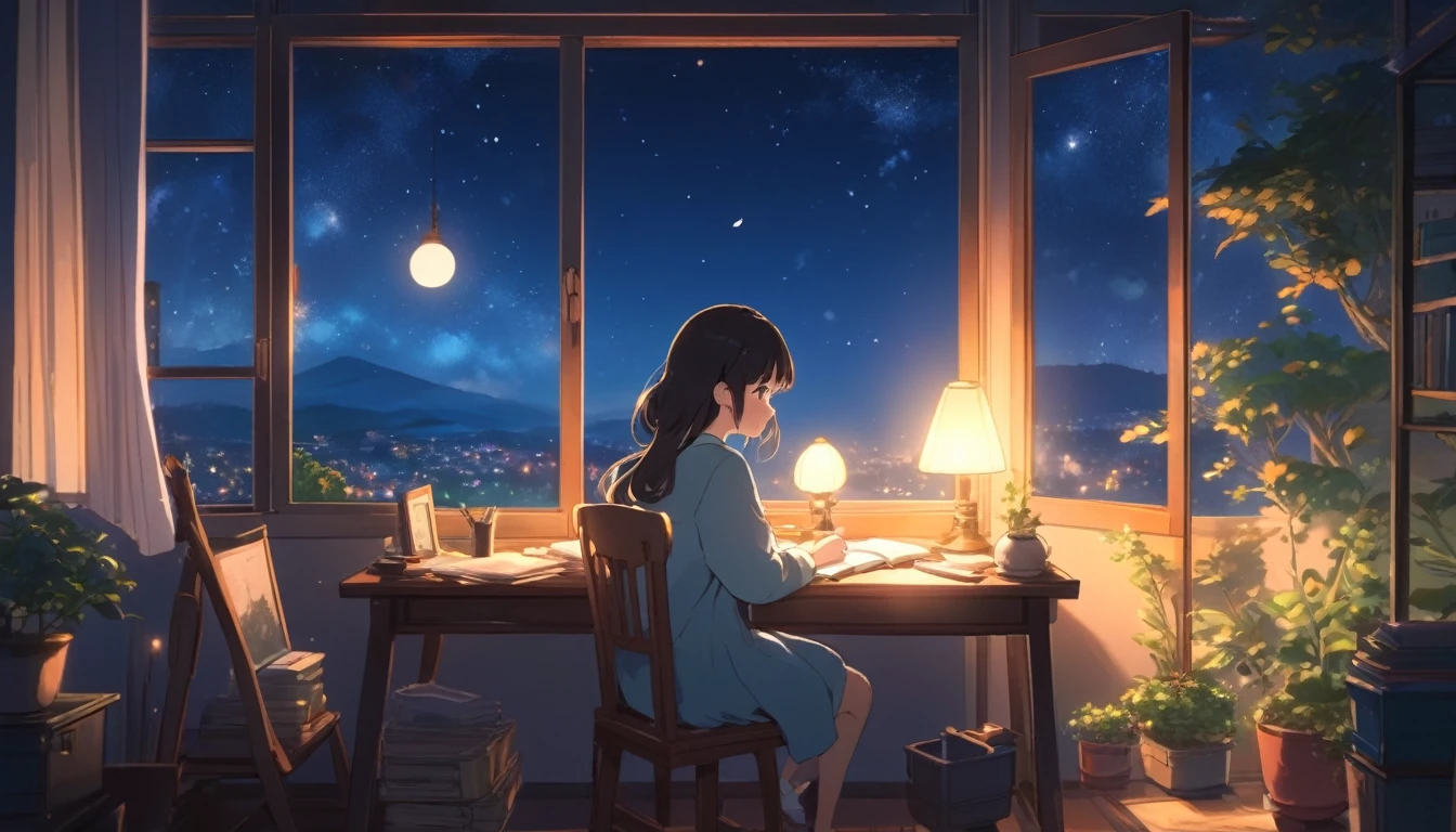 Ghibli style, A girl studying alone at a desk, Night view from the room, A dreamy look outside the window, Cute girl in anime style, Relax in your room, A room filled with warm light