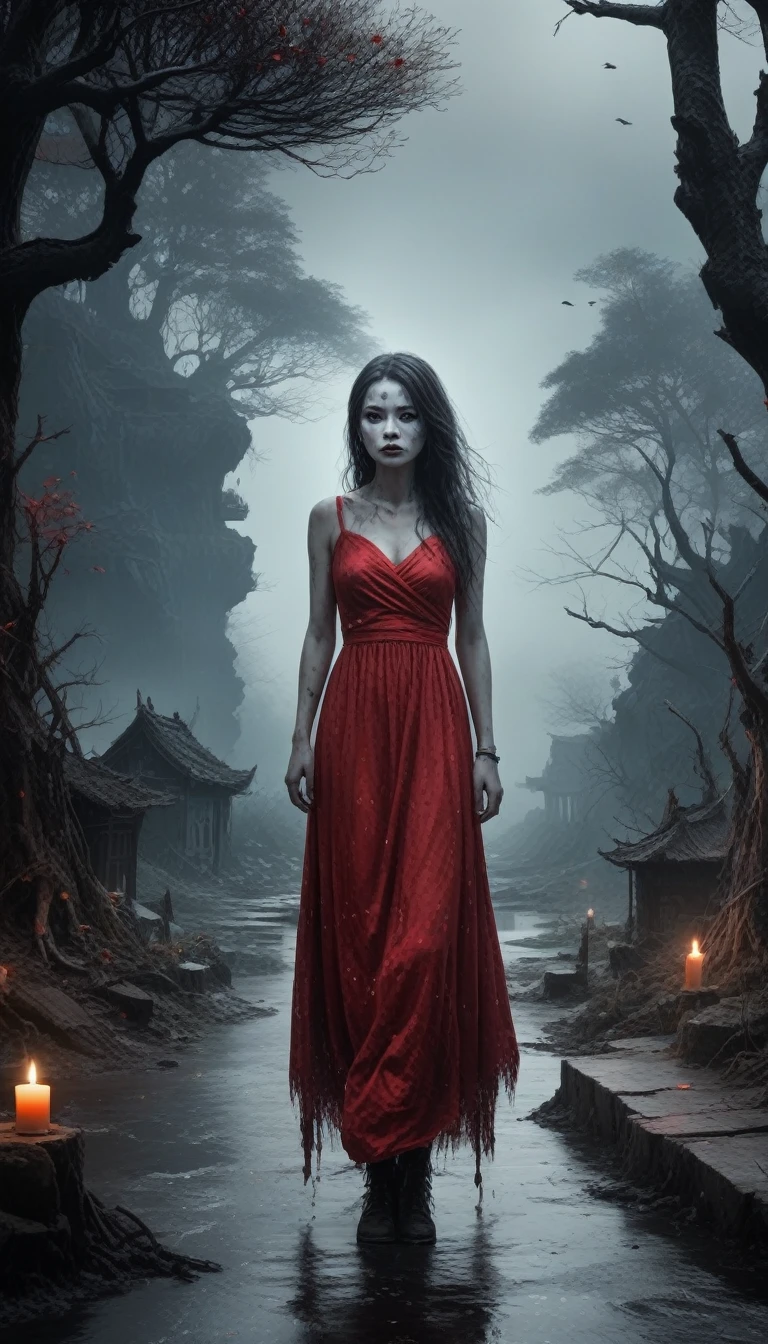 (Orcs:1.5),(Devil theme:1.5),(Dark horror theme:1.5),(Thriller:1.5),(Inspired by Stephen King:1.5),(Dark Fantasy:1.5), (Ink Painting:1.5), (black and white:1.5), (Sinister landscapes:1.5),(A large number of stars fly towards the viewer:1.5),(destroyed:1.5),(destroyed village:1.5),(19th century:1.5), (destroyed theme:1.5),(A lot of dust:1.5),(Puddle:1.5),(Unpaved roads:1.5),(:1.5),(excellent:1.5),(best quality:1.5),(masterpiece:1.5),Total length,Quartz Lepidolite Baby Girl Wearing Red Dress,Pretty Face,Raised eyebrows,full-body shot,Sinister landscape,Fluorite Chrysocolla Atmosphere,author：Simon Stalenhag,Nicomoli,(((Wanjichi Mutu))),primary color,Urban,Extremely detailed,masterpiece,Intricate details,fade,eyes Extremely detailed, High detail eyes,4K resolution,Raw, Nikon Z9,Horror Town,Total length,evil ghost, Winnie the Pooh Rainbow Colors,Intricate details,Stone Forest, Yunnan, China,Extremely detailed, Practical,, Dark and eerie atmosphere,  The ethereal existence, unforgettably beautiful, Ghosting, Mist rolling, Paranormal Entities, Monster Essence, Shadow form, Weird Whisper, breath, 皮肤苍白得Unforgettable, Dark twisted branches, Flickering candlelight, horror element, Mystery, ghost, Gothic art style, Unforgettable, Spectrum, Unforgettable melancholy, Otherworldly beauty, Ethereal Light, Unforgettable, Chilling and atmospheric, Epoachy lights.
