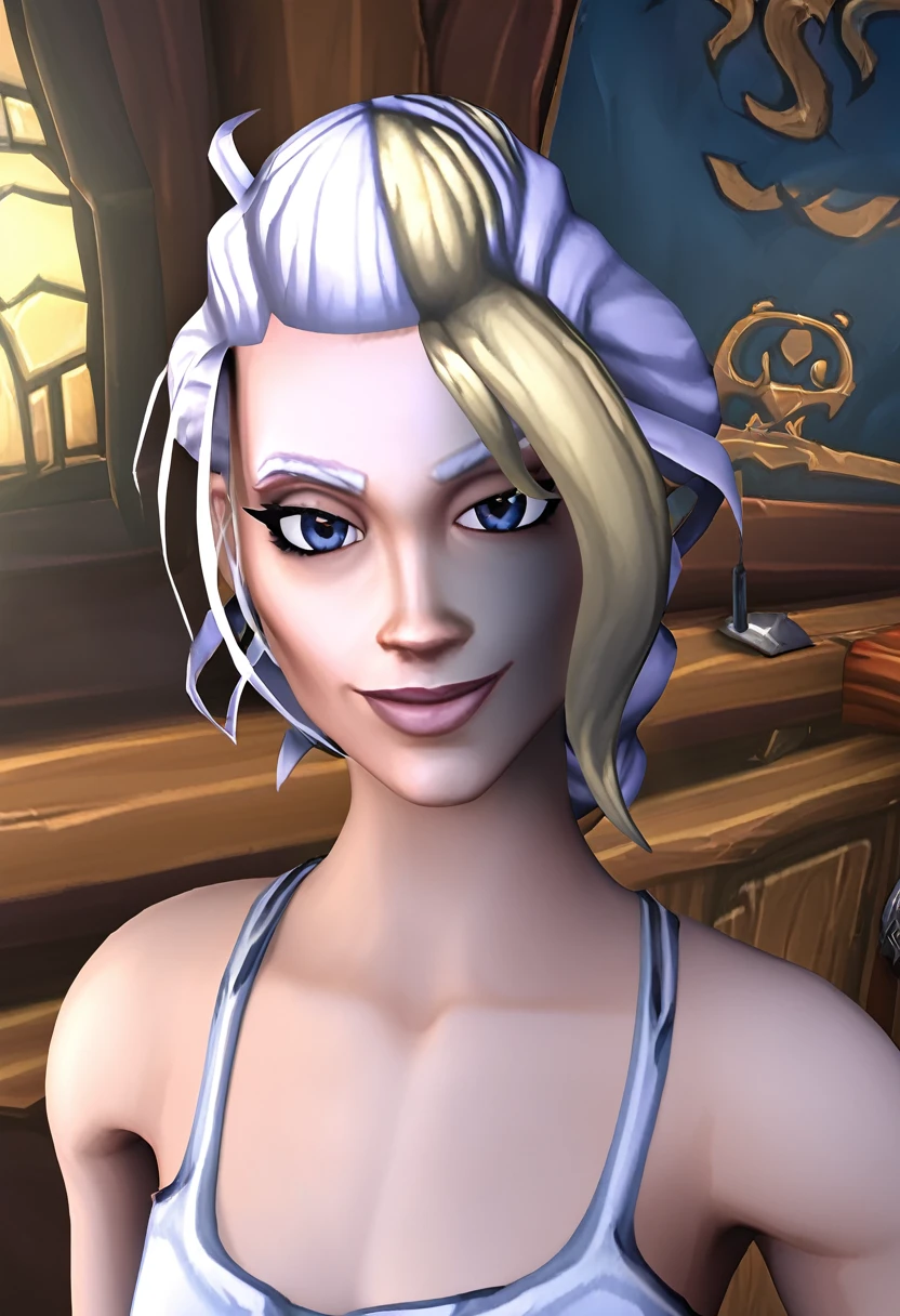 Jaina proudmoore, (SFW), masterpiece, best quality, highres 64k, professional artwork, famous artwork, clean, cinematic lighting, beautiful eyes + detail, beautiful hair + detail, (cute young female body:1.4), (cute small breasts), , happy:1.3, smile:1.3, sexy looking at the viewer, sexy lips, floating hair,Anosillus ii, ((tfg1:1.5)), indoors, doorway, door open, from above