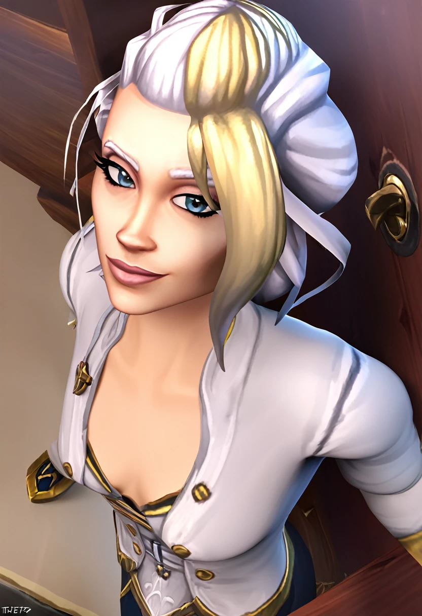 Jaina proudmoore, (SFW), masterpiece, best quality, highres 64k, professional artwork, famous artwork, clean, cinematic lighting, beautiful eyes + detail, beautiful hair + detail, (cute young female body:1.4), (cute small breasts), , happy:1.3, smile:1.3, sexy looking at the viewer, sexy lips, floating hair,Anosillus ii,  ((tfg1:1.5)), indoors, doorway,  door open, from above