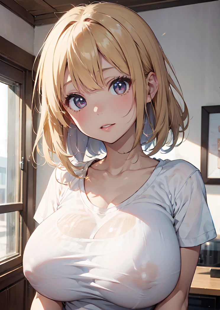masterpiece、Super detailed、Highest quality、8K Illustration、(White T-shirt:1.3)、(Huge Tits:1.5)、(Married Woman:1.3)、Blonde short hair、Sexy lips、shame