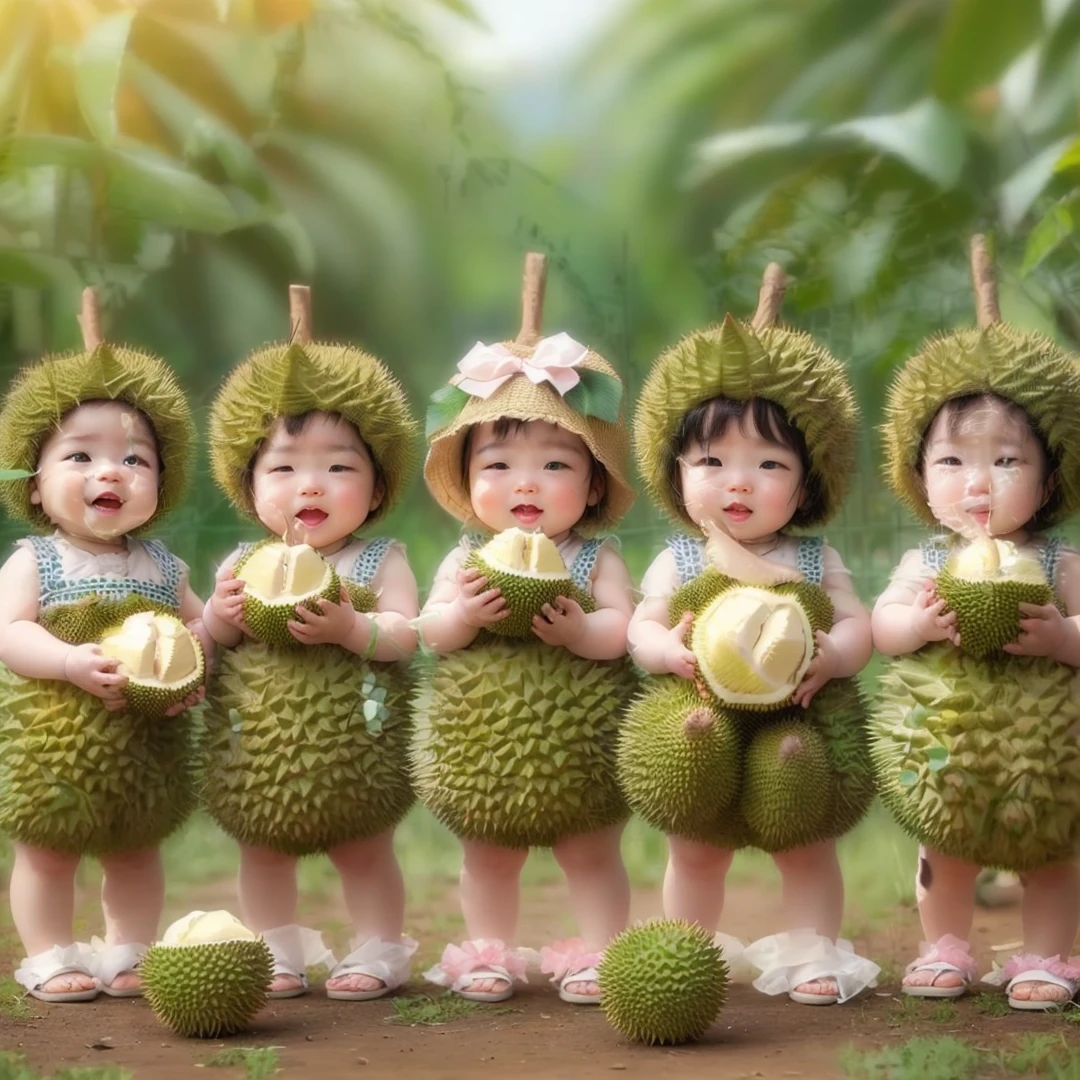 four babies in matching outfits holding up durian fruits in a row, inspired by Anne Geddes, by Anne Geddes, 🤬 🤮 💕 🎀, trending ,, cute and funny, lovely and cute, cute and lovely, young and cute, photo render, in a row, human babies, very cute and childlike, adorable appearance!!!