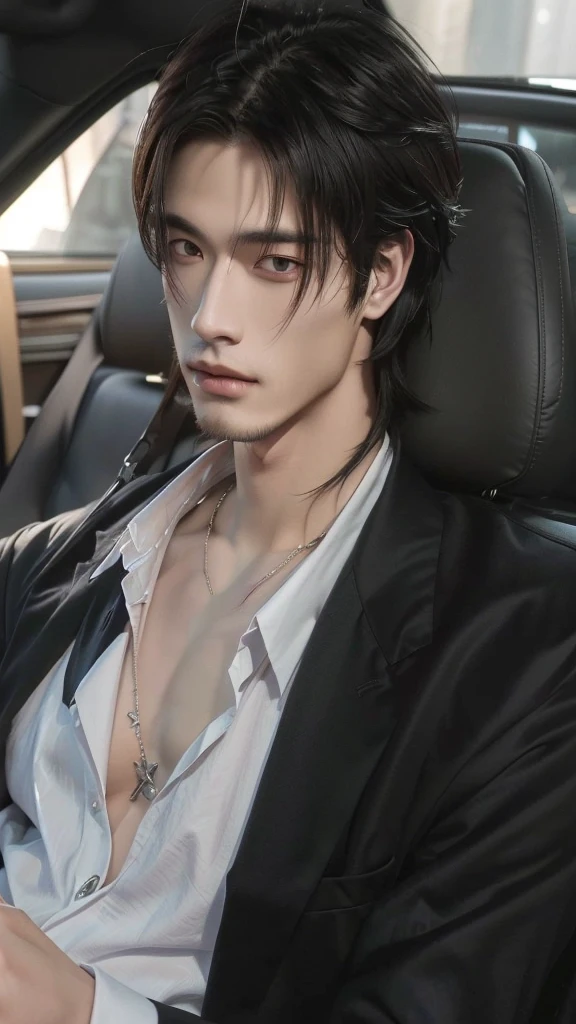 a close up of a person in a car with a cell phone, handsome man, handsome guy in demon slayer art, delicate androgynous prince, sakimichan frank franzzeta,highly detailed exquisite fanart