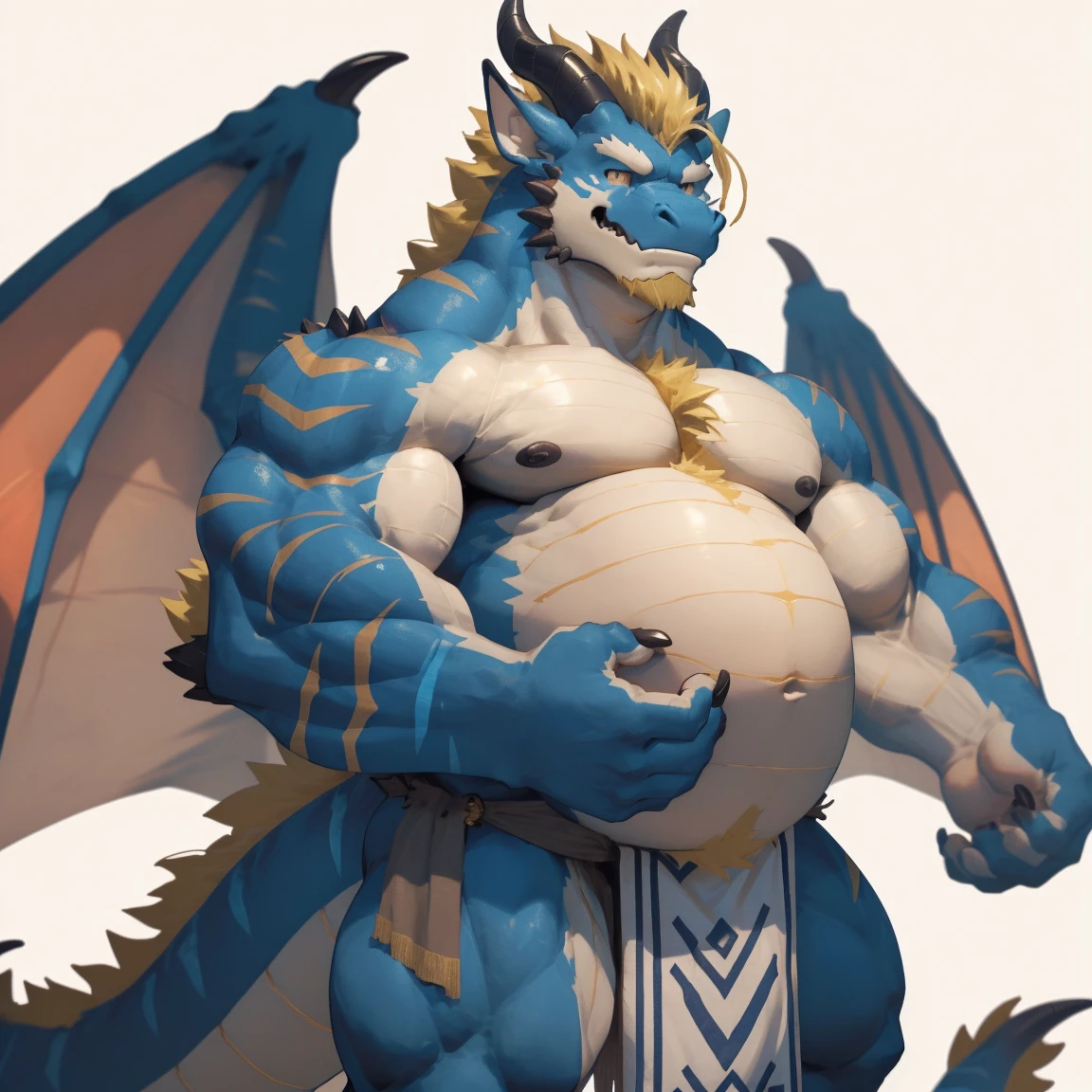 masterpiece,best quality,8k resolution,Very detailed,hairy,((Red Dragon Man)),muscle,(((blonde))),Strong,超大muscle, ((Golden Eyes)),portrait,((Shirtless)),((Simple background)),((solitary)),(((red wings))),(((Loincloth))),(((Crotch bulge))),(((Most of the body is red))),(((lower jaw,The belly is white))),(((Yellow hair at the end of the tail))),(((Blue stripes on arms and chest))),(((There are two layers of head angle,Dark blue and brown))),(((Yellow hair under the head,There are yellow scales between the two horns.))),(((Nose angle))),(((There are two blue scales under the ears))),(((There is a gold ring on the tail)))。(((Feather)))