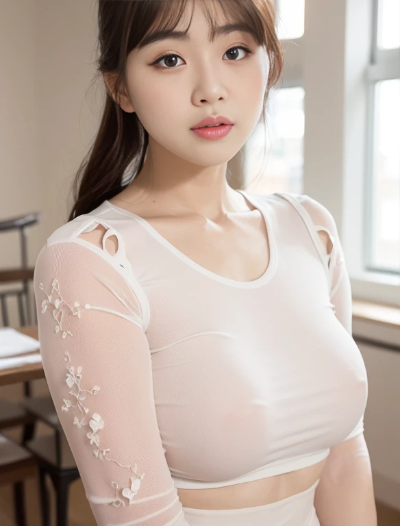 Close-up of a woman wearing a white top and gray skirt, beautiful south korean woman, gorgeous young korean woman, Sleek white skintight suit, Korean female breast size, beautiful young korean woman, korean girl, Her, wearing a tight shirt, wearing tight simple clothes, an asian woman, Gorgeous Chinese model, 24 year old female model,indoor background,table