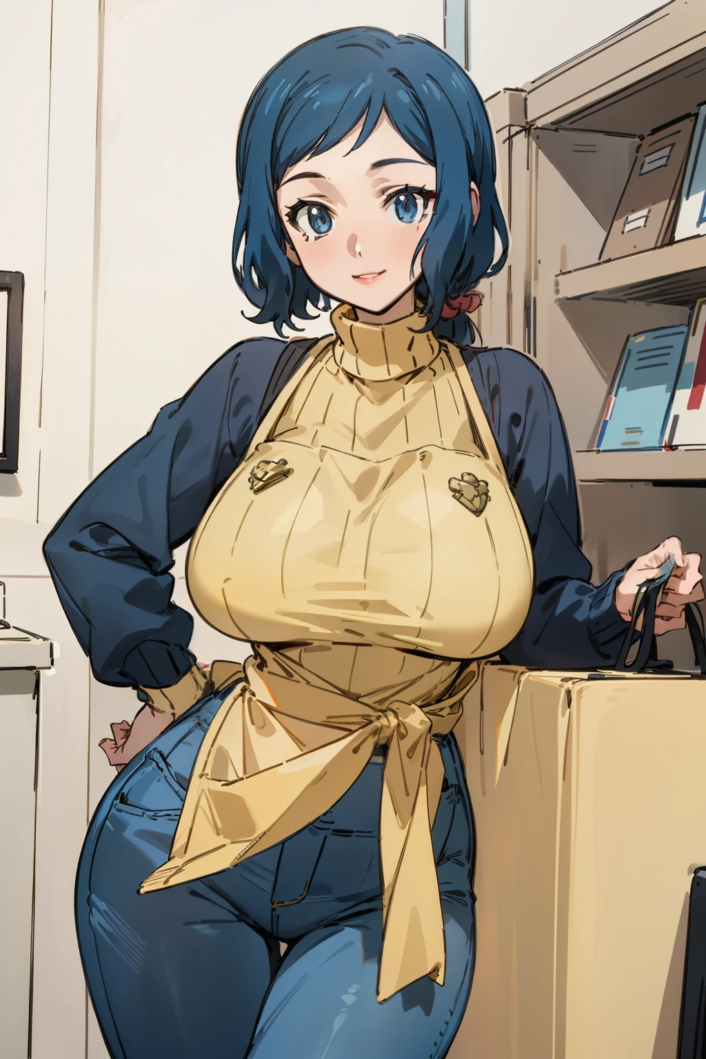 (Masterpiece), Best Quality, ultra-detailed, 1girl (rinko_iori, Slender and y body, huge breide hips, dark blue hair, long wave hair, blue eyes), smile,parted lips, facing viewer, looking at viewer, solo, yellow turtle neck sweater, black apron, denim pants, in the store, standing, Sexy waistasing