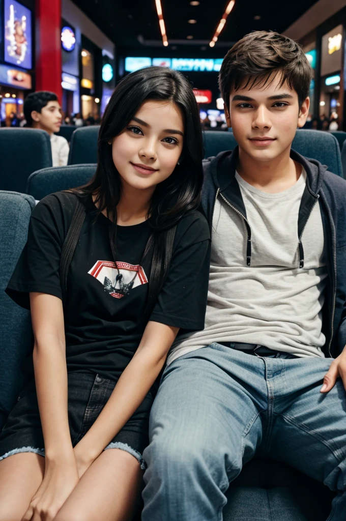 Boy and girl enjoying movie together in mall