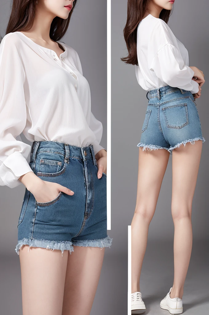 white　shirt　denim　short pants　back