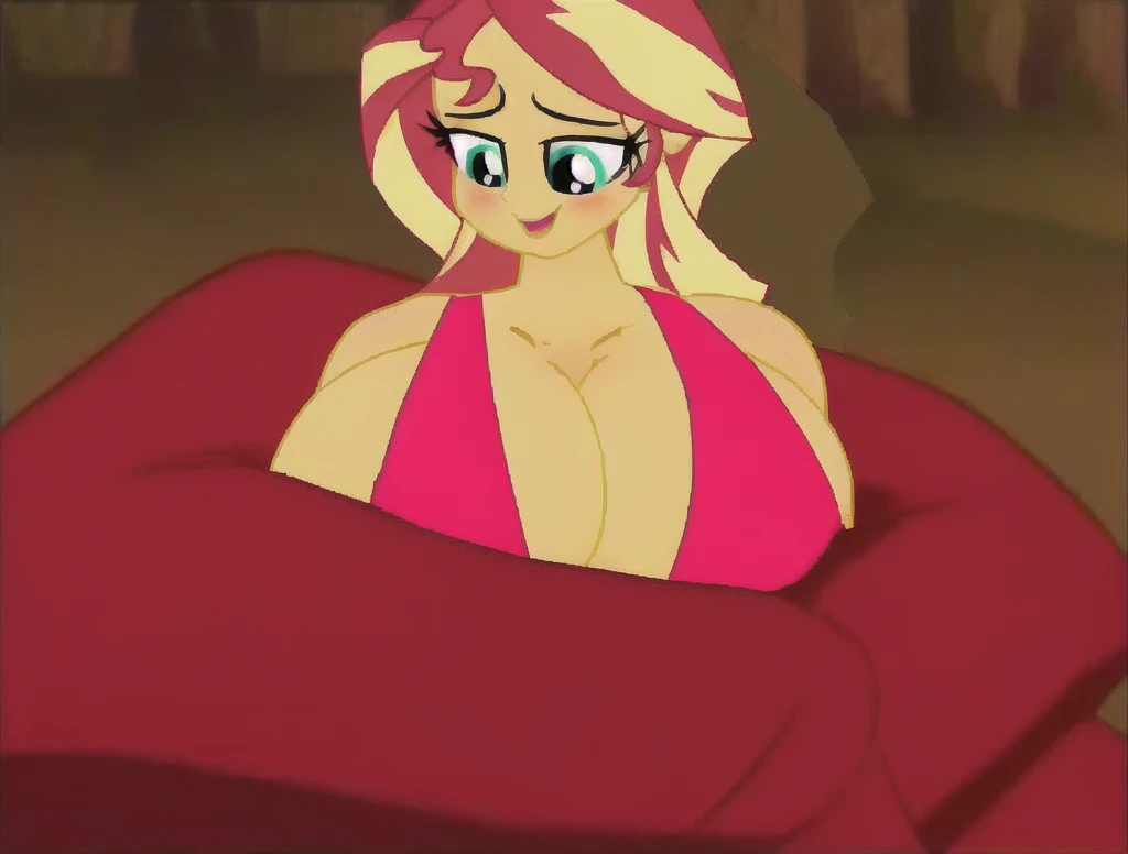 there is a cartoon picture of a woman in a red dress, breasts covered and sfw, furr covering her chest, covered sfw huge breasts, big breasts!, a human-like juicy peach, covered breasts, sfw huge breasts, sfw version, large breasts size, sun behind her, cleavage, big breasts!!, sie boob, fur covering her chest, barrel chested