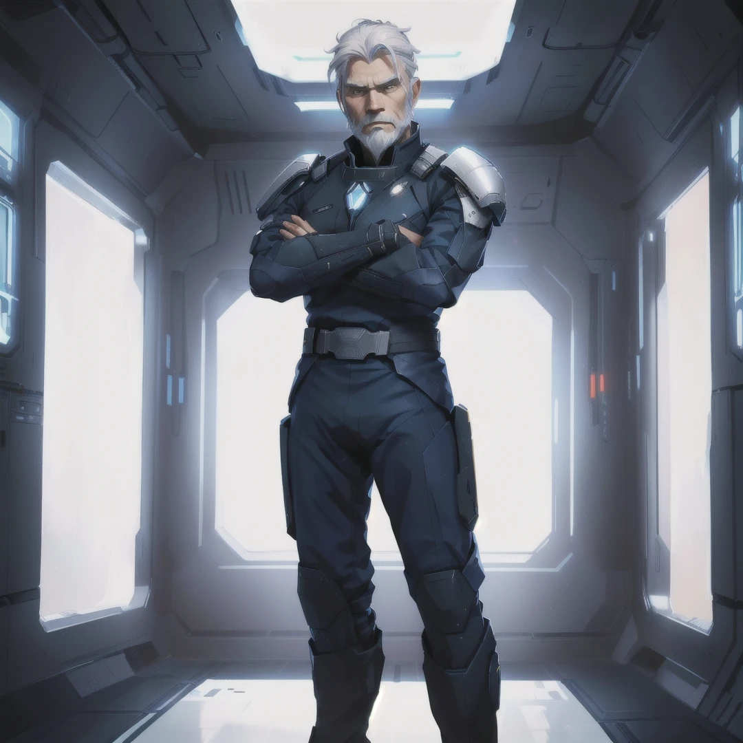 "An older man named Marcus Steele with white hair and beard, wearing a blue spaceship commander uniform in the style of the crew of the Normandy Ship from Mass Effect. He stands in an open room of the ship, without any decorations or furniture The artistic style is a  Seinen anime style. He wears a simple uniform with four Captain stripes on the shoulder pads, without a belt. He has an expression of confidence in the face of significant danger, with green eyes, hair. and well-trimmed beard. The composition of the image shows the character facing us, with his arms crossed and full body. high definition image." 