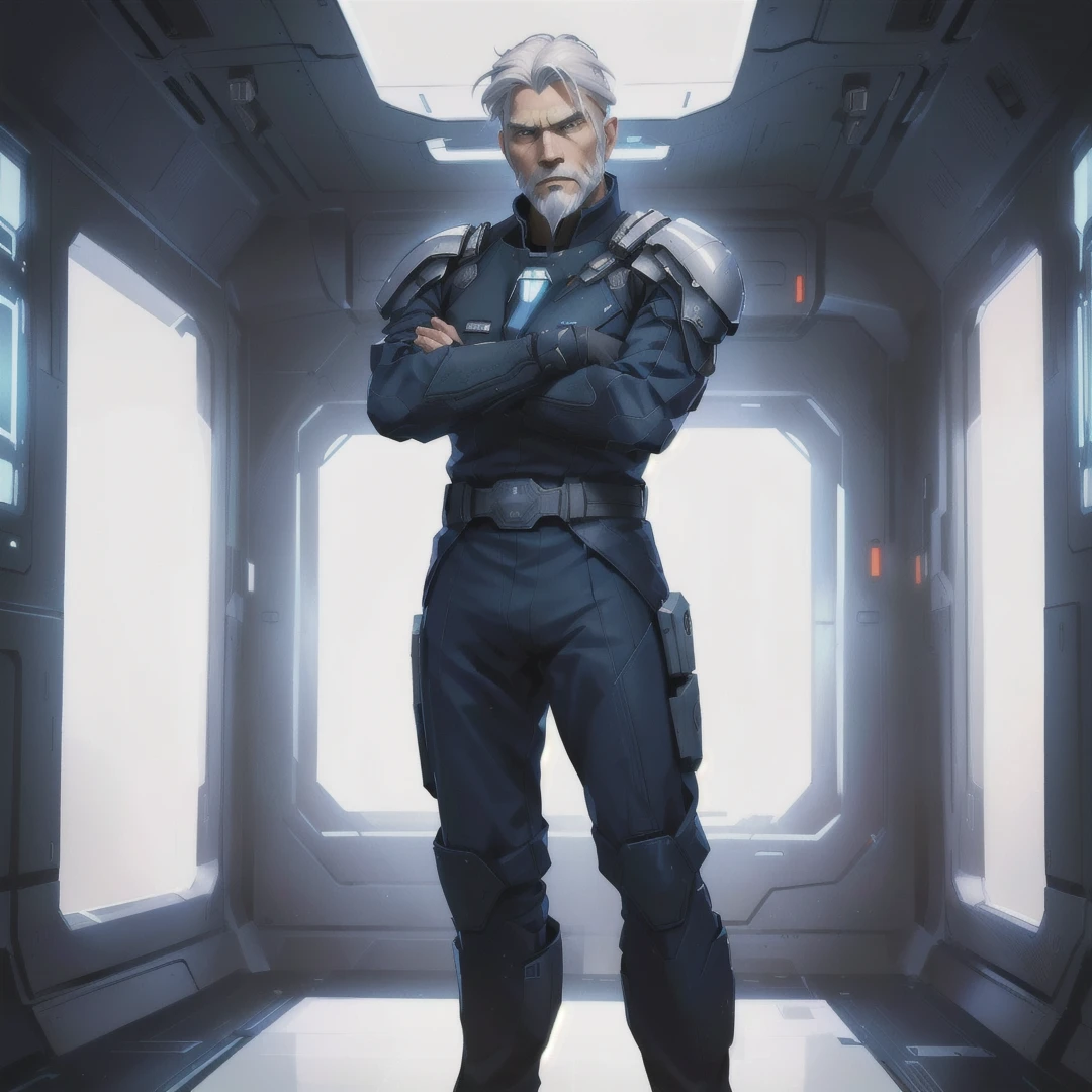 "An older man named Marcus Steele with white hair and beard, wearing a blue spaceship commander uniform in the style of the crew of the Normandy Ship from Mass Effect. He stands in an open room of the ship, without any decorations or furniture The artistic style is a  Seinen anime style. He wears a simple uniform with four Captain stripes on the shoulder pads, without a belt. He has an expression of confidence in the face of significant danger, with green eyes, hair. and well-trimmed beard. The composition of the image shows the character facing us, with his arms crossed and full body. high definition image." 