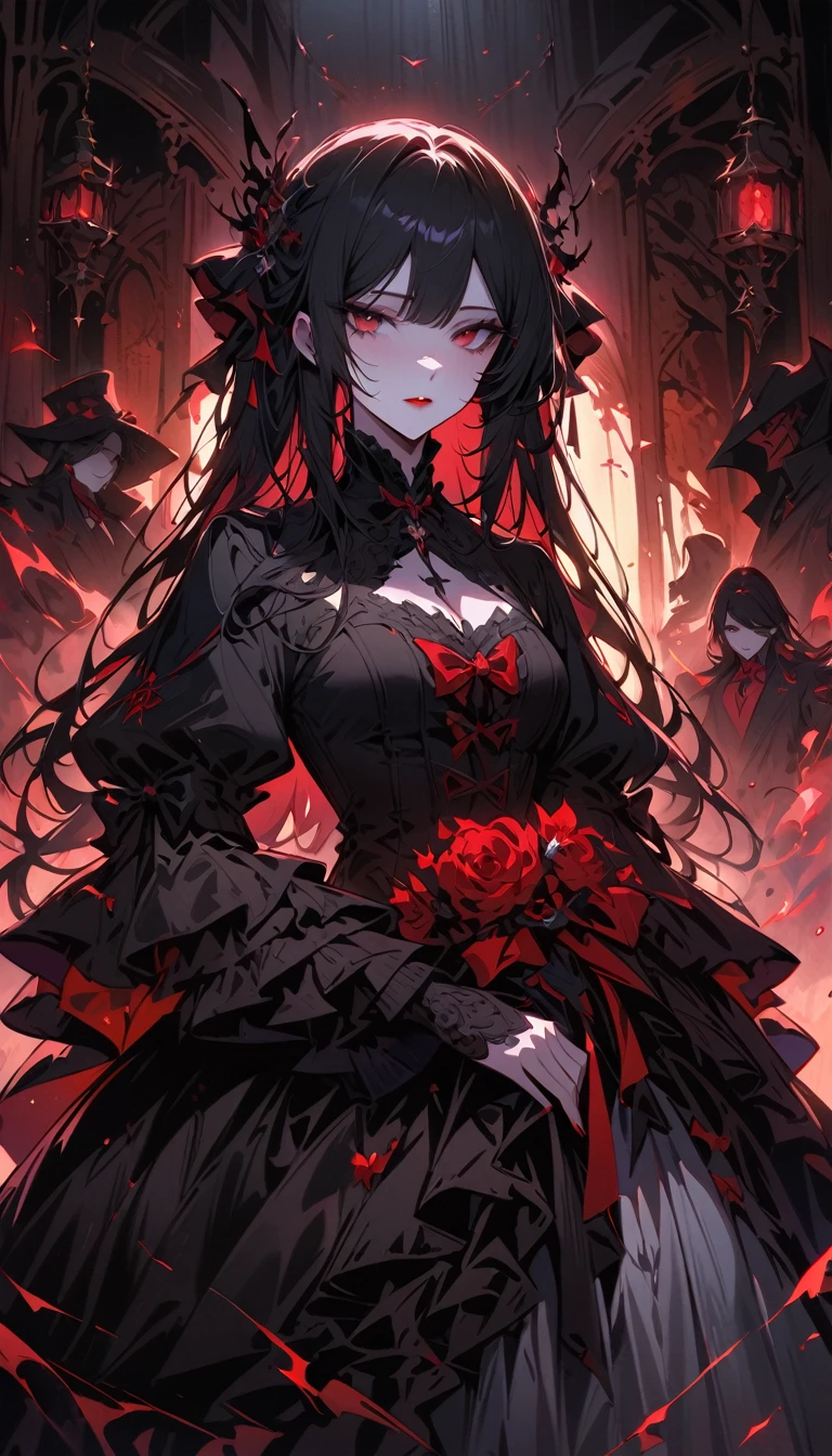 Gothic lolita girl,Pale skin,Red lips,Porcelain doll-like face,复杂的black色蕾丝晚礼服,(whole body),Exquisite shoes,black,Ruffles,Bow,Boss,black色长发,An unforgettable gaze,black暗的童话,Dramatic lighting,Melancholy atmosphere,,Highly detailed,masterpiece