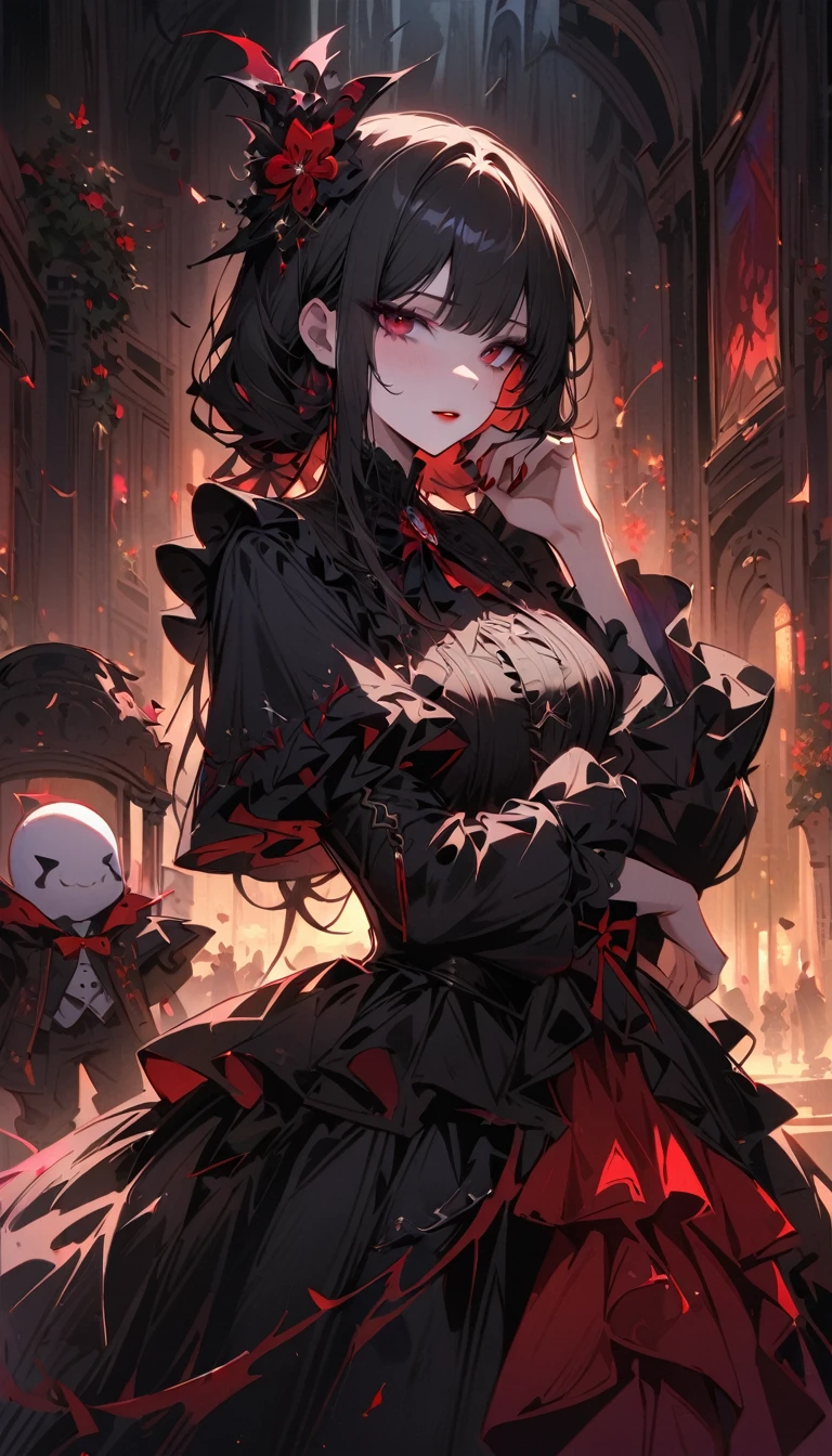Gothic lolita girl，Pale skin，Red lips，Porcelain doll-like face，复杂的black色蕾丝晚礼服，（whole body），Exquisite shoes，black，Ruffles，Bow，Boss，black色长发，An unforgettable gaze，black暗的童话，Dramatic lighting，Melancholy atmosphere，，Highly detailed，masterpiece