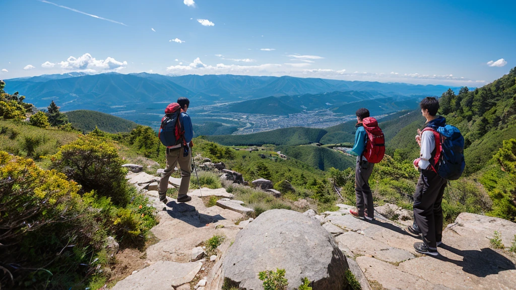 High school boys, Mother, Father,Mountaineering, Takayama, Clear skies, Spectacular views, Rocky area
