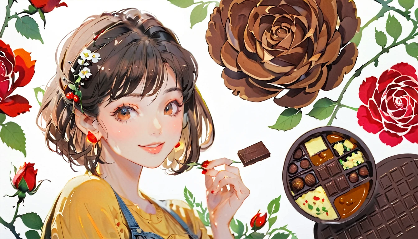 (((paper cutting style))), 1 girl, Long hair, curry short hair, portfolio, shirts, denim, chocolate,Rose,Smile,Upper Body