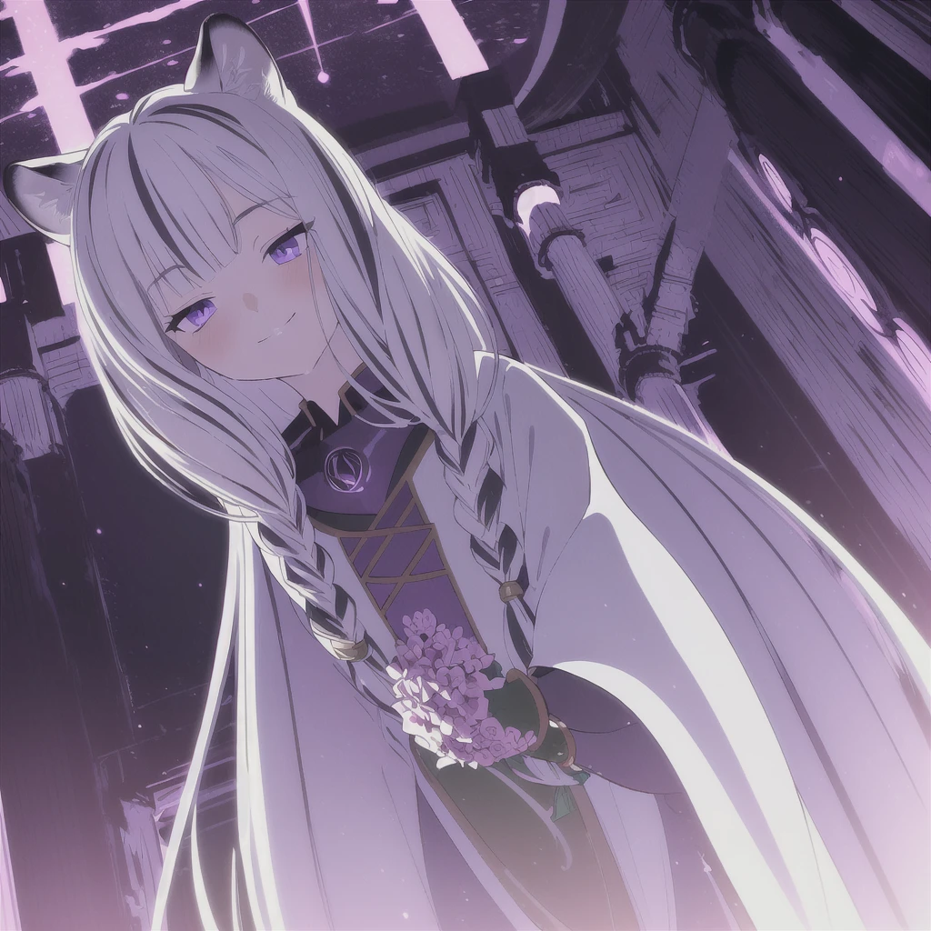 ((masterpiece)), (best quality), (ultra-detailed), photorealistic, (best illustration), ((an extremely delicate and beautiful)), 1girl, solo, long hair, tiger ears, [:tiger tail under:0.2], white hair, two-tone hair, full body, knight armor, crimson glowing details on armor, amulet on neck, Bracelets, crimson crystals in Bracelets, long lilac cape, open eyes, evil purple eyes, looking at viewer, malicious smile, blush, in space, goddess, low twin braids, loosen hair, quiet gesture, white armor, cybernetic armor, hyper detailed space,best illumination, low mask, mouth covered with mask. 