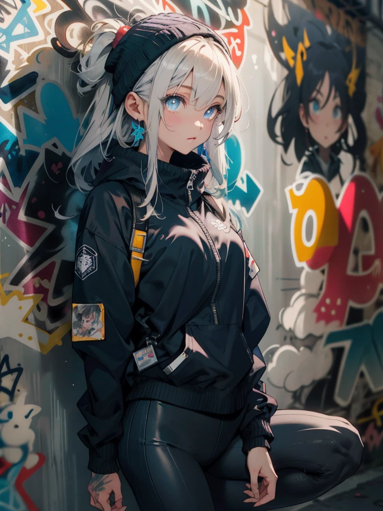 make realistic，（nmasterpiece，top Quority，best qualtiy，offcial art），ighly detailed，Colorful，best detailed，fairy chalet，Broad background，Kamimei，length hair，cabelos preto e longos，Beautiful woman、(​masterpiece:1.2、top-quality)、(graffiti wall:1.2)、1lady、Beanie、jaket、leggins、blue eyess、full bodyesbian、