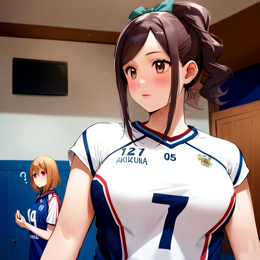There is a woman, Wearing a volleyball jersey, Chiho Ashima, kimi takemura, mayuri shiina, akikazu mizuno, For whom?, cute