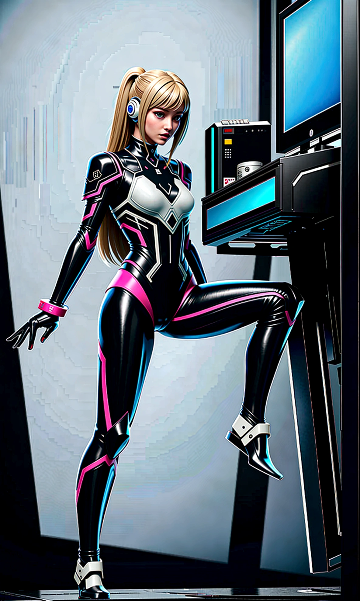 full body picture,full body representation((Masterpiece)),perfect body, (Best Quality), (Cinematic),(highly accurate drawing in every detail)(extremely precise representation),,1girl, delicate face, , small breasts, a stunning georgeous looking cyborg girl with humanoid body and wild extreme long white hair dressed in meager thick synthetic fabric suit in black, magenta and white with some nice cut outs and machine parts with nozzles and cables on clothing crouching in front of her stylish turquoise-black gundam-spaceship.two legs with feet and two arms with hands, extreme long white hair, several futuristic numbers-writings, dystopian future vibe
