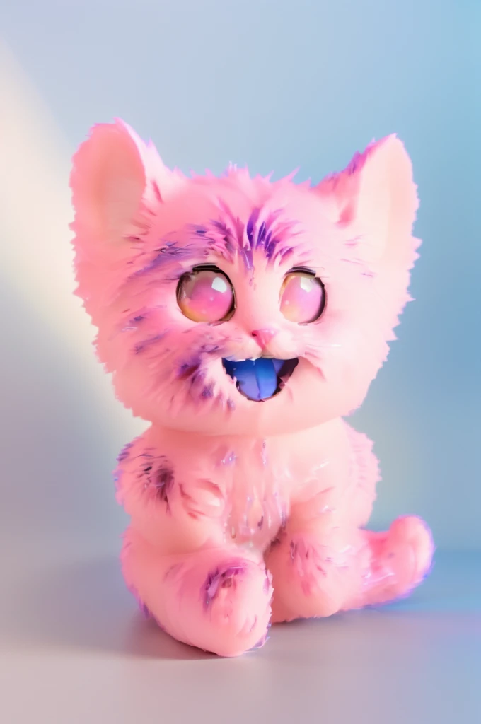 The image features asuper fluffy cute pink cartoon cat with large expressive eyes and a cheerful smile, standing against a blue background, chubby cat, fluffy cat, pink cat, shiny pink cat, super fluffy 3d pink cat with bright gradient reflections, beeple and jeremiah ketner, adorable digital painting, 3 d icon for mobile game, 3 d littlest pet shop cat, cat cat dreamcats, cat from the void, normal map, cute detailed digital art, cats cat dreamcats, cat. digital painting, cute 3 d render, multiple light sources, rim light, sharp post effects render, (fluffy fur texture with multiple big light probe refractions), perfect cgi, cgi art, smooth silhouette, high intensity refraction, (mesh material), most beautiful vfx, blue background, mesh refractions. It in 4k resolution, allowing viewers to immerse themselves in the richness of the colors and intricate details. The realistic rendering. under the spotlight, reflecting, high-resolution image, realistic rendering, dark background, and rim light photorealistic, The background is black