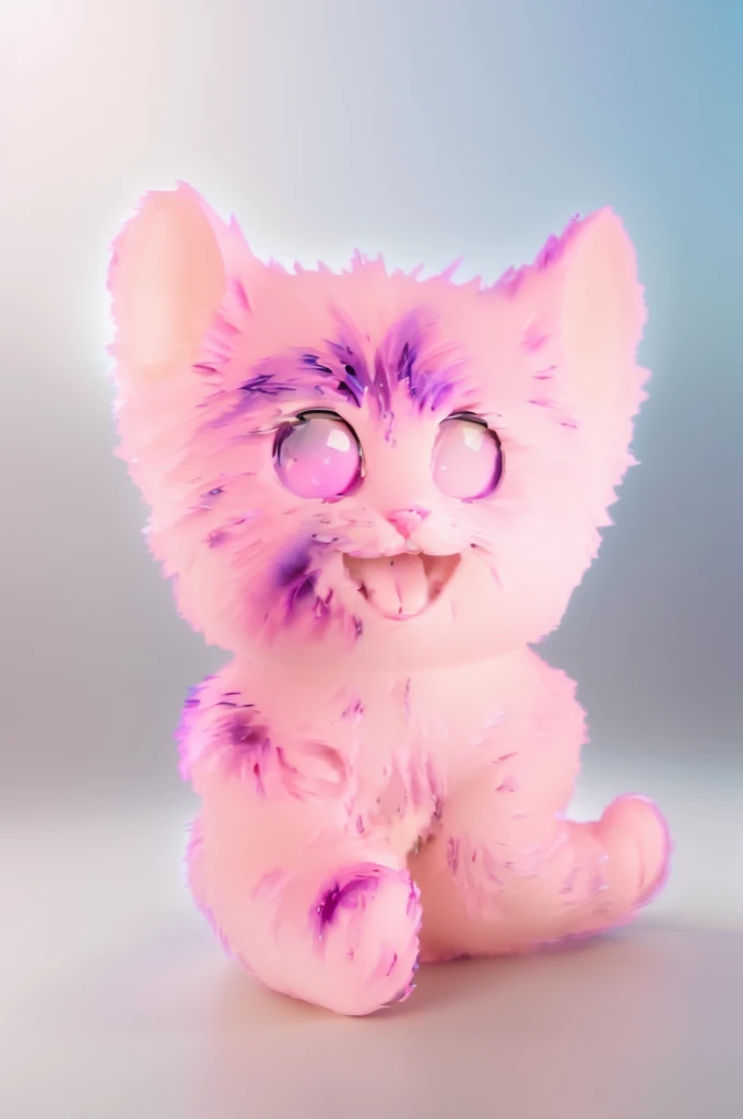   The image features asuper fluffy  cute pink cartoon cat with large expressive eyes and a cheerful smile, standing against a blue background, chubby cat, fluffy cat, pink cat, shiny pink cat, super fluffy 3d pink cat with bright gradient reflections,  beeple and jeremiah ketner, adorable digital painting, 3 d icon for mobile game, 3 d littlest pet shop cat, cat cat dreamcats, cat from the void, normal map, cute detailed digital art, cats cat dreamcats, cat. digital painting, cute 3 d render, multiple light sources, rim light, sharp post effects render, (fluffy fur texture with multiple big light probe refractions), perfect cgi, cgi art, smooth silhouette, high intensity refraction, (mesh material), most beautiful vfx, blue background, mesh refractions. It in 4k resolution, allowing viewers to immerse themselves in the richness of the colors and intricate details. The realistic rendering. under the spotlight, reflecting, high-resolution image, realistic rendering, dark background, and rim light photorealistic, The background is black