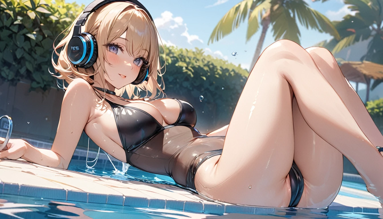 ((Top Quality)), ((Masterpiece)), ((Detail)), Perfect face, Perfact bodty, sitting on the swmming pool, listening to music, wearing headphones, wearing swimsuits, swimsuits are transparent, legs open Sitting wide open, wearing tight clothing (yes, buttocks and breasts are exposed). I see a face, one women