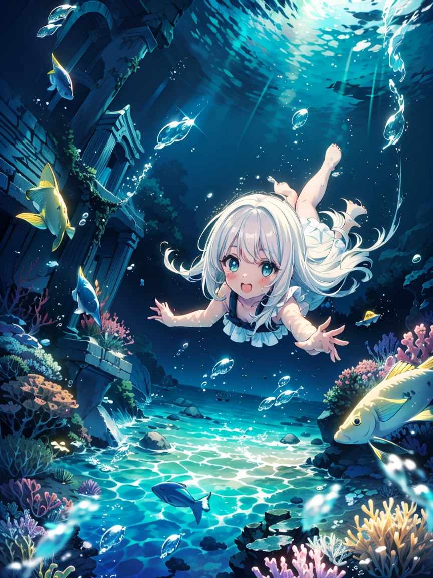 masterpiece, best quality, absurd, 1 Girl, :), Under the Deep Sea, (White marble Greek temple under water), Girl floating in water, White_hair, dark_skin, fish, Tyndall Light, seabed, seabed, Underwater, submerged water, Deep diving