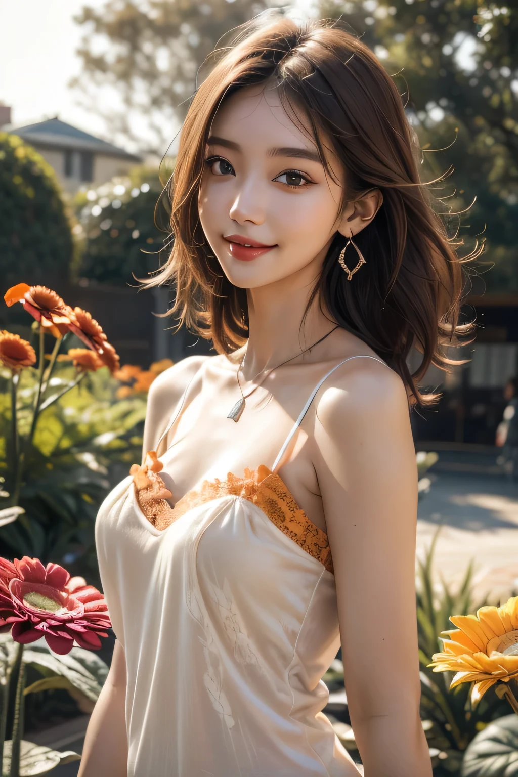 (best quality, 8k,32k,masterpiece, UHD:1.2),extremely detailed CG unity 8k wallpaper,intricate details,Raw photo,(photorealistic:1.4),atmosphere,ultra high res,Realistic,Real,Huge_filesize,incredibly absurdres,(centered:1.3),Ultra illustration,(ultra-detailed),cinematic lighting,various colors,depth of field,art by krenz cushart,golden hour lighting,taken by Canon EOS,SIGMA Art Lens 35mm F1.4,ISO 200 Shutter Speed 2000,blurry background,
BREAK,
1girl,(smile:1.4),slim body,(long straighthair:1.4),solo,20-year-old Japanese beautiful woman, unbuttoned white shirt,(Gerbera garden, orange lace camisole:1.6),(light brown hair:1.5),((brown eyes)),Large breasts,chest, Soft white skin that shines with every detail,pale skin,Very beautiful face,Very well-formed face,Natural and realistic face,Best,beautiful detailed eyes,striking eyes,Eyes drawn in detail, smile with your mouth closed,Detailed mouth,Detailed lips,shiny beautiful lips,Glossy lips,simple earrings,necklace,jewelry, solo focus,low neckline,
BREAK,
Back lighting,kool,Standing,
BREAK,
(Dutch angle:1.4),cowboy shot,looking at viewer,
BREAK,tzuyu,yui aragaki,