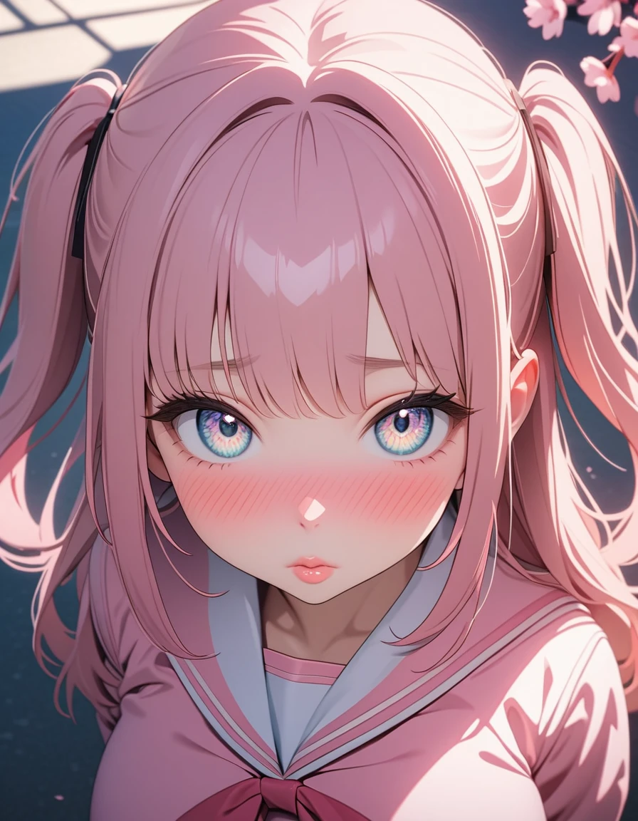 (8K, best quality, master piece: 1.2), super high resolution,1 girl,solo,ultra-detailed face,detailed eyes,gradient eyes,Long eyelashes,pink hair,Long Hair,two side up,kissing viewer,puffy lips,nose blush,Pink sailor suit, large breasts,Portrait,Rim Light,From above,cherry blossoms,Schoolyard
