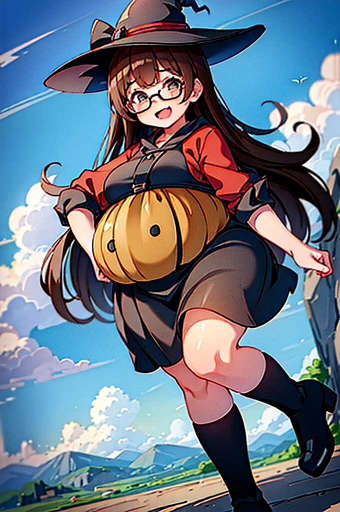 最high quality, high quality, 8k、High resolution,Highest quality、solo、Open Mouth Smile、A fat girl in black clothes with a black hat and glasses, Flirty Anime Witch, A strong and plump female magician, Black boots, chic, Anime Moe Art Style, Cute Witch, I also make fan art, Sky Witch