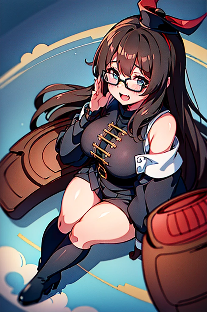 最high quality, high quality, 8k、High resolution,Highest quality、solo、Open Mouth Smile、A fat girl in black clothes with a black hat and glasses, Flirty Anime Witch, A strong and plump female magician, Black boots, chic, Anime Moe Art Style, Cute Witch, I also make fan art, Sky Witch