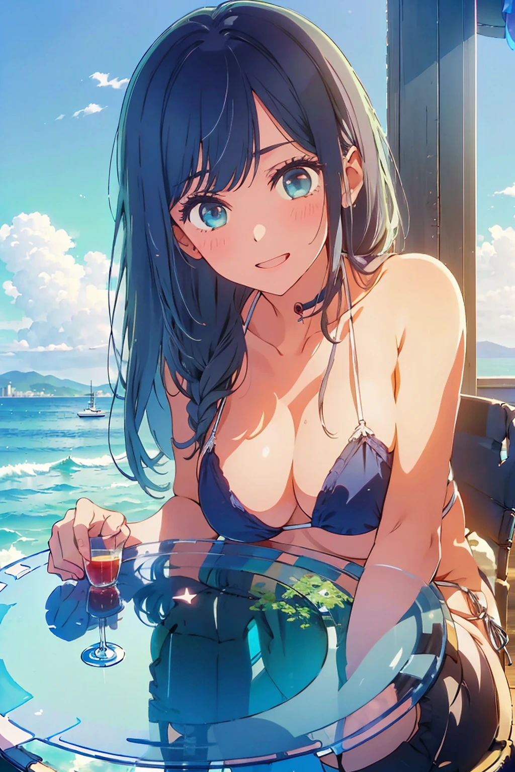 (Highest quality:1.4、8k:1.4、detailed)、F cup bust、Big Breasts、Slim and beautiful arms、Slim body、Very white beautiful skin、((((1 person、smile、smile、sit、Chair、In the background are the urban buildings of Tokyo、looking at the camera、Outdoor café terrace、coastal、Navy hair color、juice、White side string high leg bikini、Shooting up close、table、Very cute face))))、(Pose of putting hair behind ears with hands:1.4)、Very blue sky、A completely cloudless sky、She tilted her head slightly、The atmosphere is bright and lively、The woman is at the center of the image。