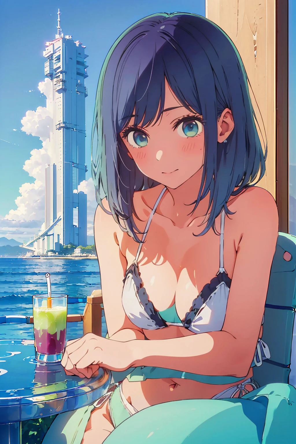 (Highest quality:1.4、8k:1.4、detailed)、F cup bust、Big Breasts、Slim and beautiful arms、Slim body、Very white beautiful skin、((((1 person、smile、smile、sit、Chair、In the background are the urban buildings of Tokyo、looking at the camera、Outdoor café terrace、coastal、Navy hair color、juice、White side string high leg bikini、Shooting up close、table、Very cute face))))、(Pose of putting hair behind ears with hands:1.4)、Very blue sky、A completely cloudless sky、She tilted her head slightly、The atmosphere is bright and lively、The woman is at the center of the image。