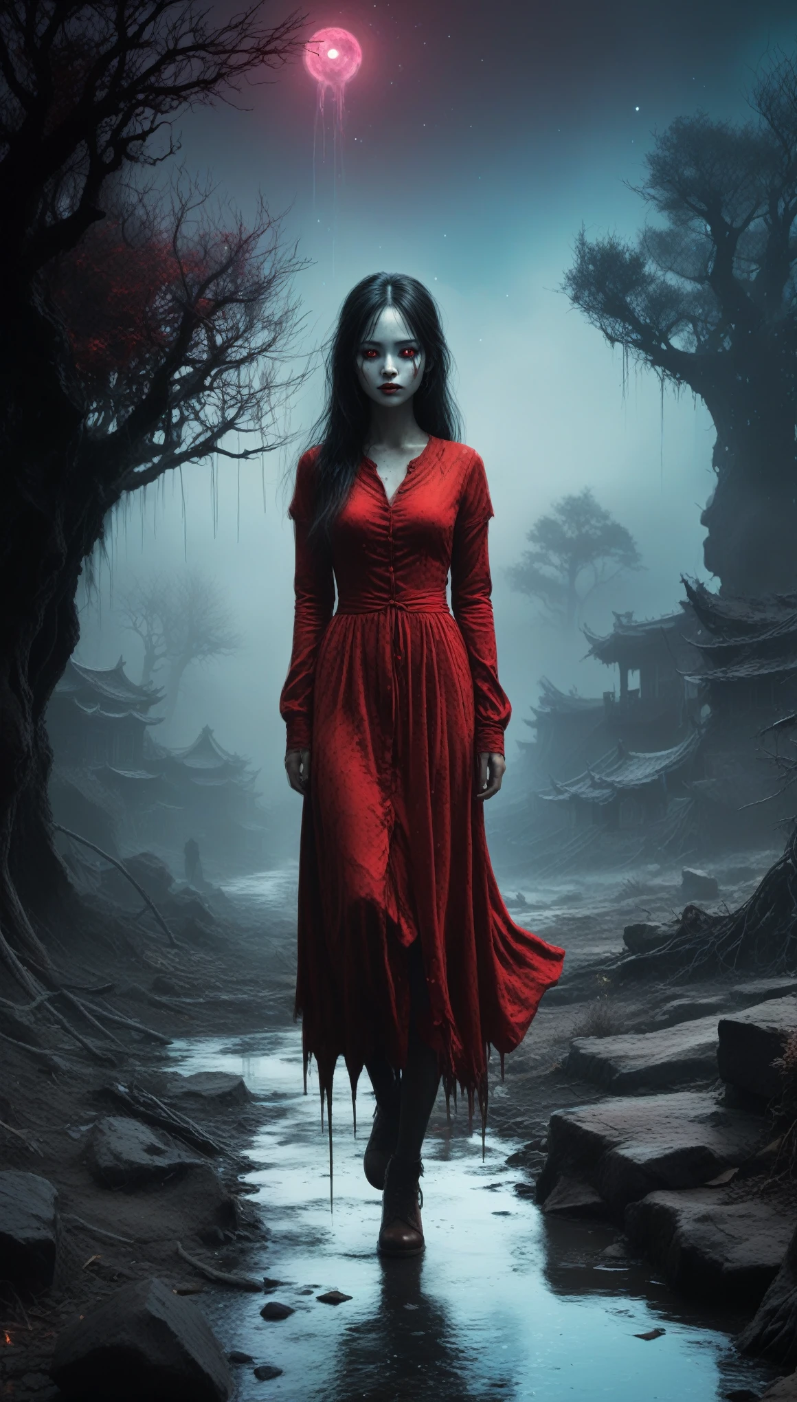 (Orcs:1.5),(Devil theme:1.5),(Dark horror theme:1.5),(Thriller:1.5),(Inspired by Stephen King:1.5),(Dark Fantasy:1.5), (Ink Painting:1.5), (black and white:1.5), (Sinister landscapes:1.5),(A large number of stars fly towards the viewer:1.5),(destroyed:1.5),(destroyed village:1.5),(19th century:1.5), (destroyed theme:1.5),(A lot of dust:1.5),(Puddle:1.5),(Unpaved roads:1.5),(:1.5),(excellent:1.5),(best quality:1.5),(masterpiece:1.5),Total length,Quartz Lepidolite Baby Girl Wearing Red Dress,Pretty Face,Raised eyebrows,full-body shot,Sinister landscape,Fluorite Chrysocolla Atmosphere,author:Simon Stalenhag,Nicomoli,(((Wanjichi Mutu))),primary color,Urban,Extremely detailed,masterpiece,Intricate details,fade,eyes Extremely detailed, High detail eyes,4K resolution,Raw, Nikon Z9,Horror Town,Total length,evil ghost, Winnie the Pooh Rainbow Colors,Intricate details,Stone Forest, Yunnan, China,Extremely detailed, Practical,, Dark and eerie atmosphere, The ethereal existence, unforgettably beautiful, Ghosting, Mist rolling, Paranormal Entities, Monster Essence, Shadow form, Weird Whisper, breath, 皮肤苍白得Unforgettable, Dark twisted branches, Flickering candlelight, horror element, Mystery, ghost, Gothic art style, Unforgettable, Spectrum, Unforgettable melancholy, Otherworldly beauty, Ethereal Light, Unforgettable, Chilling and atmospheric, Epoachy lights.