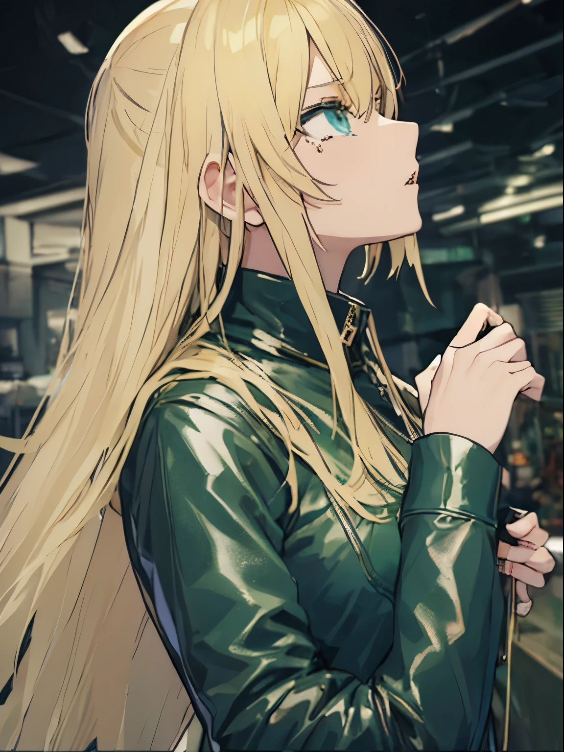 profile、Black Tears、Korean、1 girl、blonde、amount、Green Leather Shirt、Raise your collar、Look up、