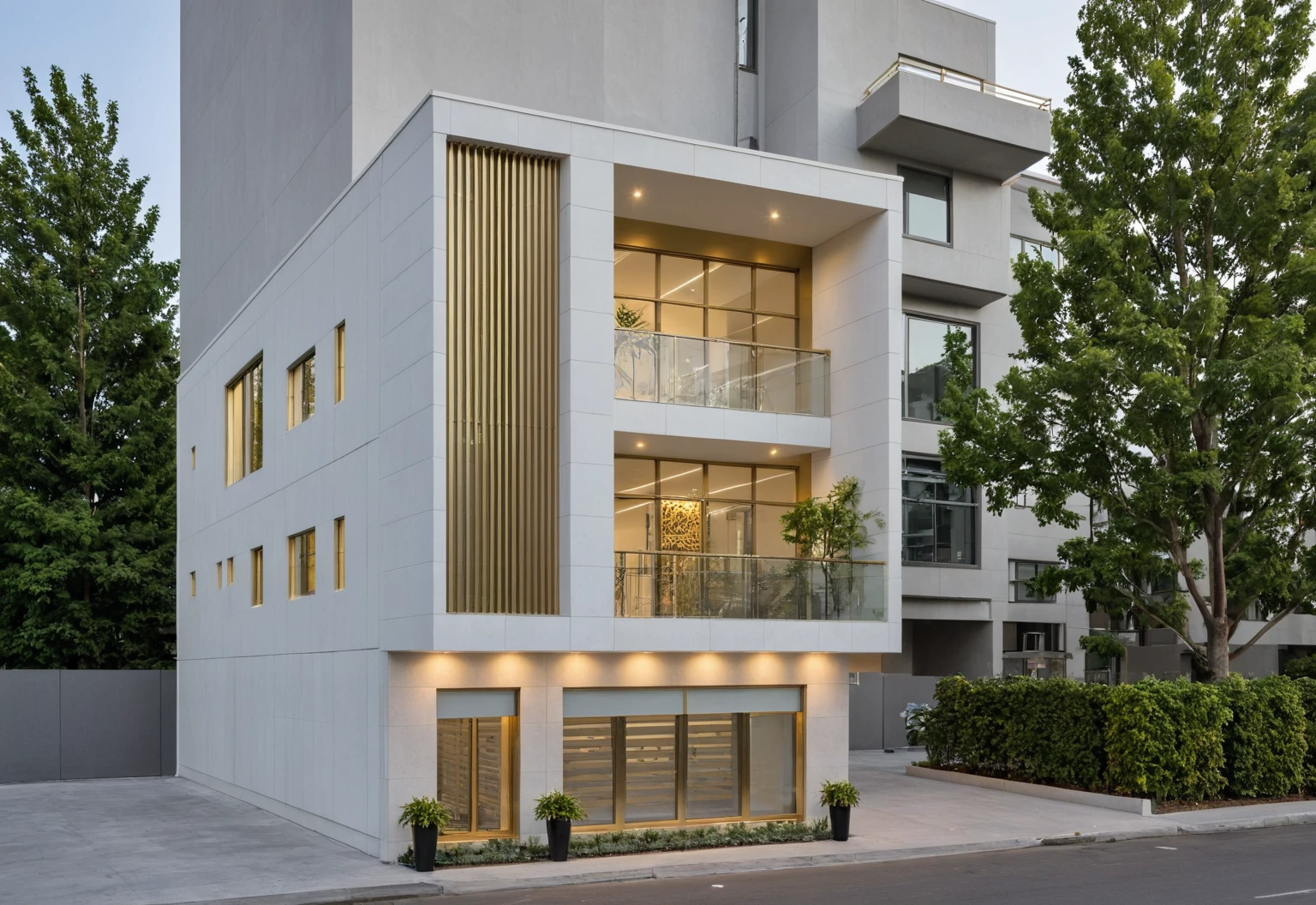 Raw photo,Masterpiece, high quality, best quality, authentic, super detail, modern style, aiaigroup,office building, decorative bars, decorative louvers, sun louvers, aluminum wall cladding, (Gold aluminum paneled facade:1.1), glass railing, outdoors, tree, building, scenery, city, road, real world location, treet, window, balcony, glass railing, on the street, minimalist line, daylight, realistic